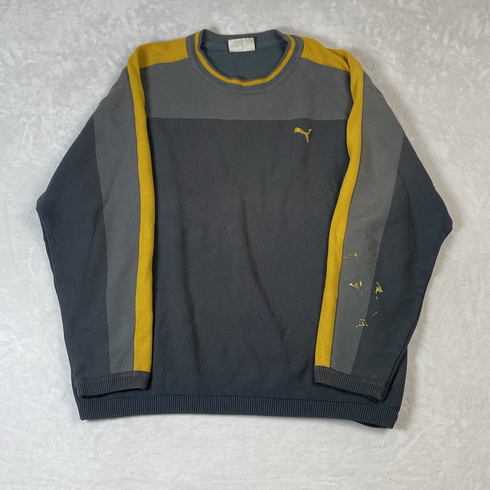 Vintage Puma Men's Grey Yellow Colorblock Crewneck Sweater Size XL 90s